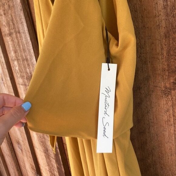 Mustard Seed Yellow Goldenrod V-neck Popover Tie Front Wide Leg Jumpsuit - Picture 9 of 11